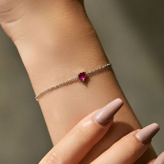 Pulseira  Coração Zircônia Rosa 925 Prata Esterlina