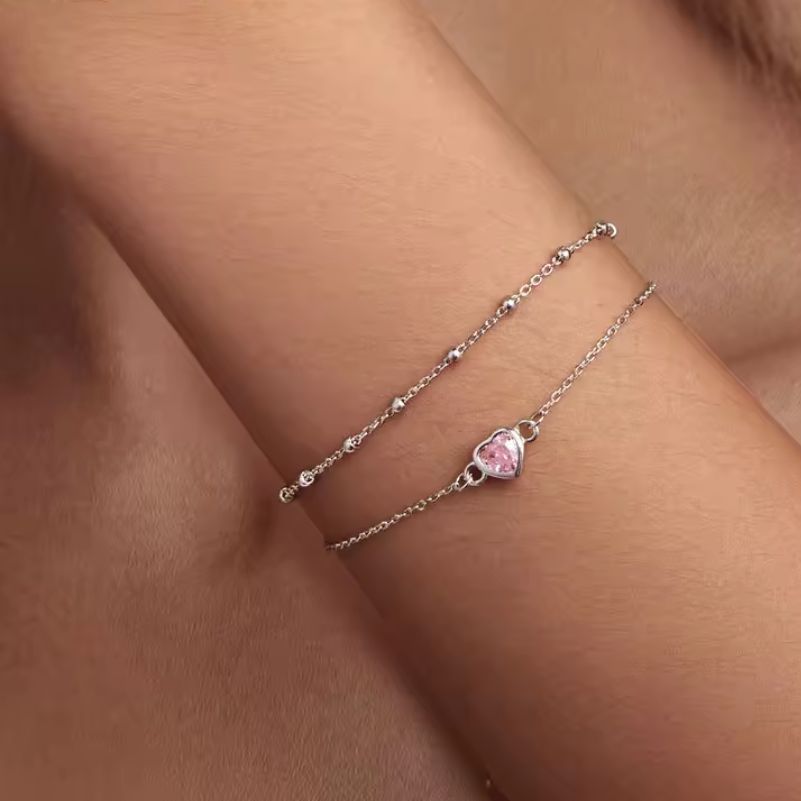 Pulseira Dupla Camada Barbie Coração Rosa em Prata