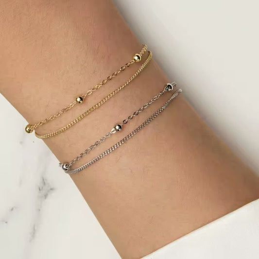 Pulseira  Duplas com Contas Redondas em Prata e ouro