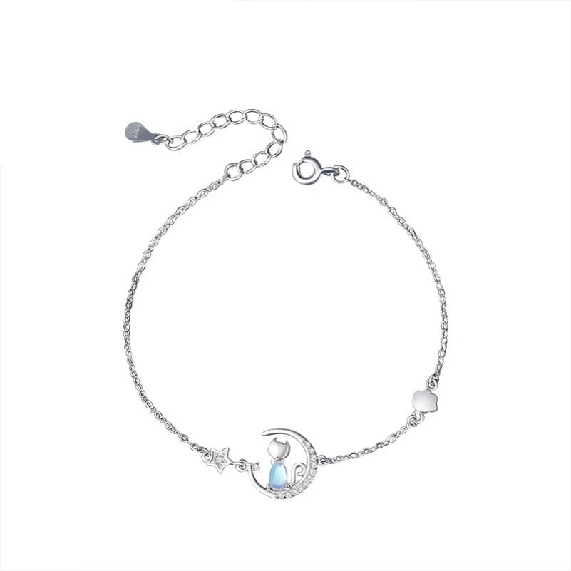 Pulseira de Prata S925 com Design Gato e Estrelas