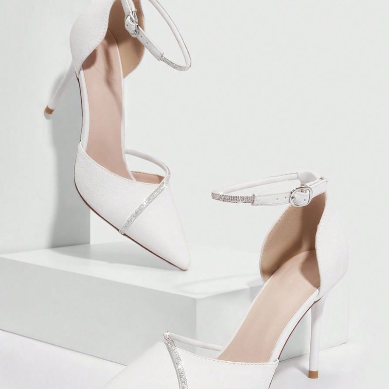 Sapatos Scarpin Femininos Elegantes Cor Sólida Branco Salto de Dedo